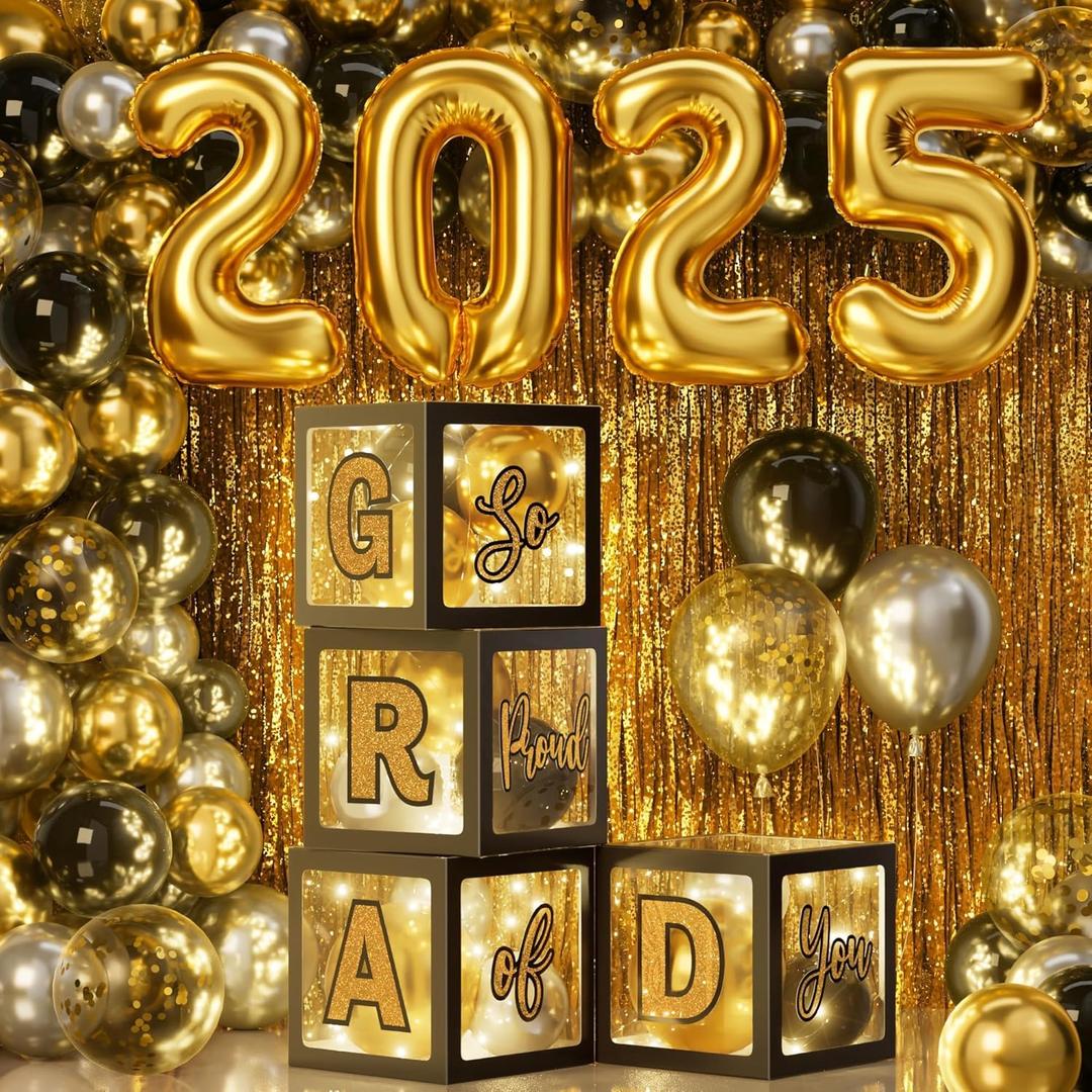 Graduation Party Decoration Class of 2025, 86PCS Black & Gold Graduation Party Supplies High School College Grad Balloon Boxes with Letter, Foil Curtains, LED String Light, Balloon Garland Kit