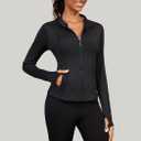 Bosmeer Workout Jackets for Women Lightweight Zip Up Slim Fit Yoga Sportwear Stretchy Crooped Running Jacket with Thumb Holes, Black Size L