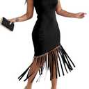 Ryehack Women’s Sexy Bodycon Midi Dress Elegant Sleeveless Asymmetrical Fringe Cocktail Prom Party Dress with Metal Bead Black Size Small