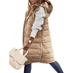 HEEKPEK Womens Puffer Vest Winter Hooded Sleeveless Zip Up Long Puffy Jacket Warm Thick Quilted Coats with Pockets (XX-Large, Khaki)