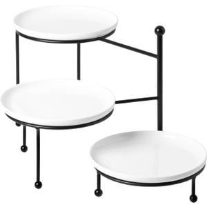 Kanwone 3 Tiered Serving Stand with White Porcelain Plates, Tiered Tray Stand, Dessert Table Display Set, 8" x 8" Tier Serving Trays with Black Metal Stand for Entertaining, 3 Tier Dessert Stand