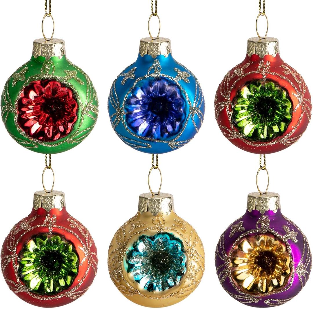 6 Pcs Christmas Reflector Ball Ornament, 1.6'' Hanging Glass Multicolored Reflector Decoration for Vintage Christmas Tree Decor & Party Flower Arrangement