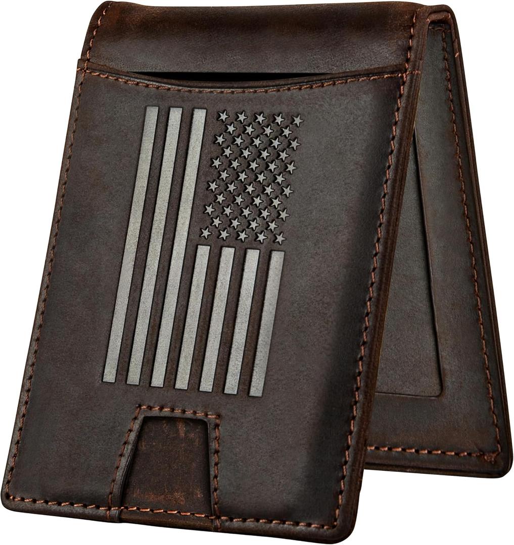 American Flag Wallet Genuine Brown Crazy Horse Leather RFID-Blocking Bi-Fold Card Holder with Money Clip Disabled USMC Vet Owned SMALL Business