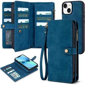 TwoHead Designed for iPhone 13 Wallet Case with Card Holder,Detachable Magnetic Phone Case with Wallet PU Leather Wallet Phone Case for iPhone 13 Case Wallet for Women/Men with Wrist Strap(Navy Blue)