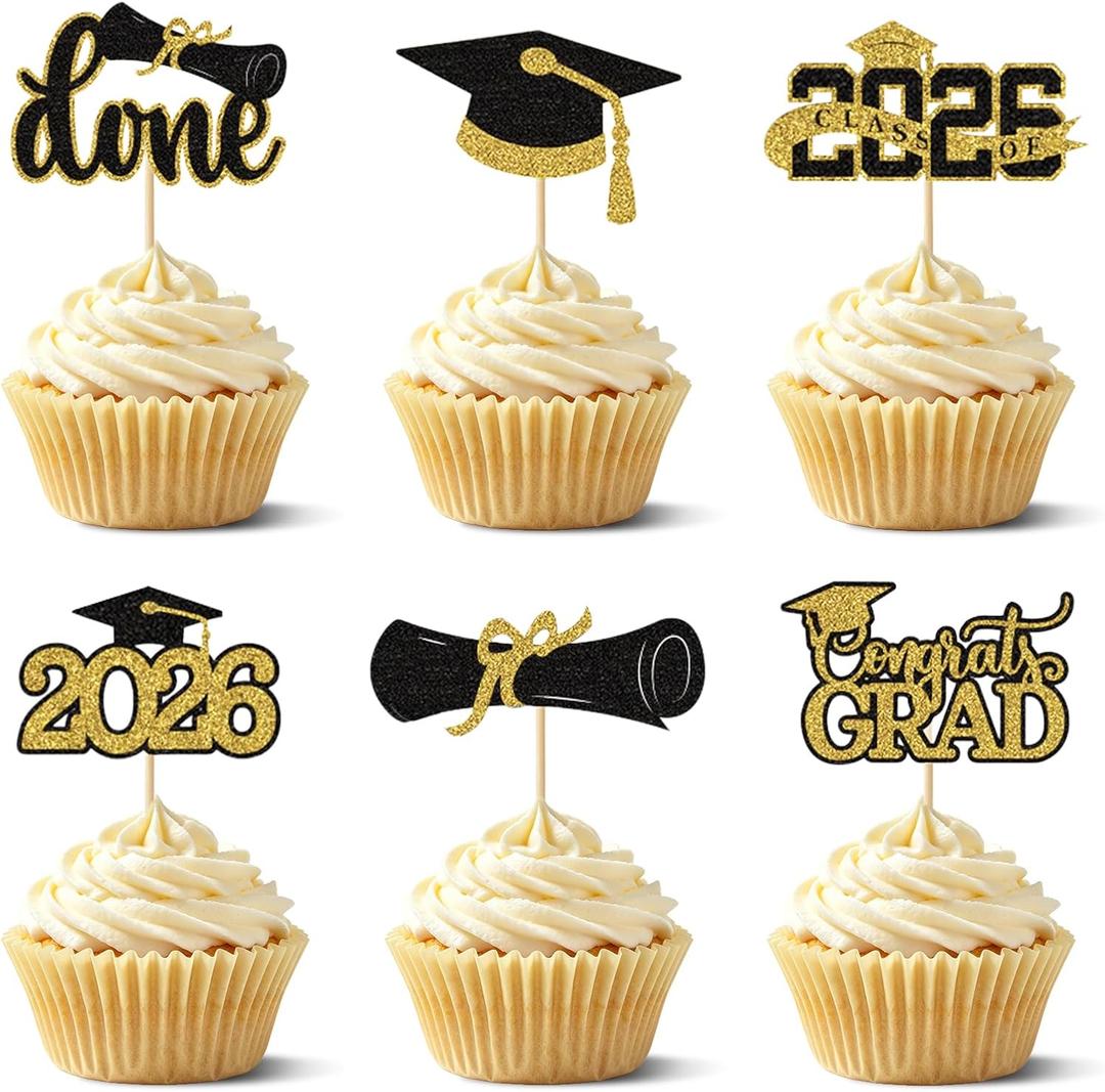 4 x 24Pcs Graduation Cupcake Toppers 2026, Black Gold Glitter Cupcake Picks, Class of 2026 Graduation Party Cake Decorations for Congrats Grad and Party Ceremony
