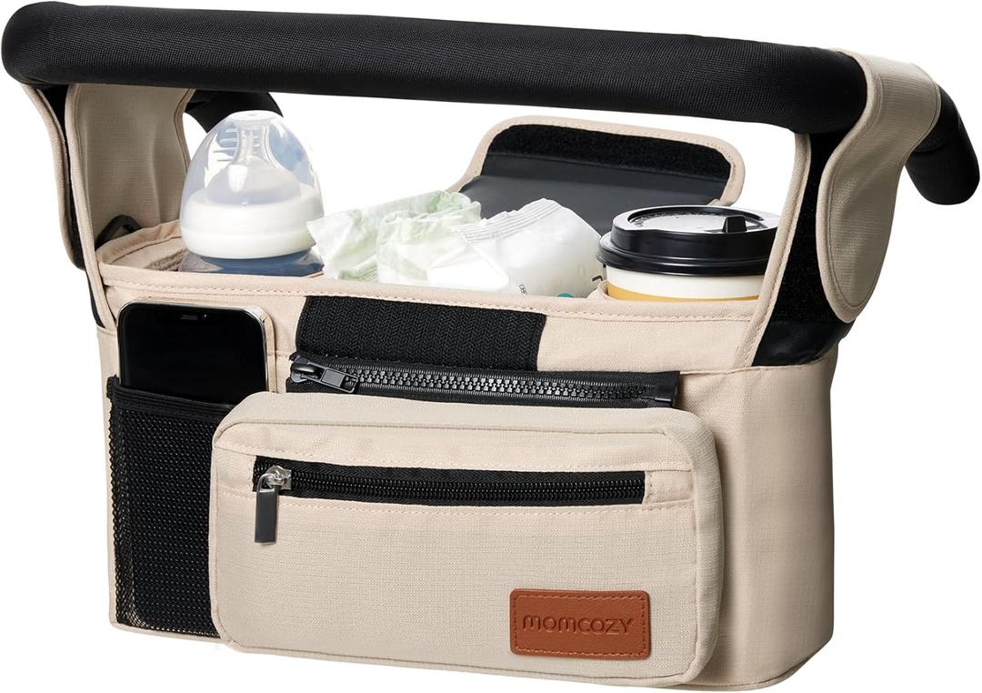 Momcozy Universal Baby Stroller Organizer, 2 Insulated Cup Holder, Detachable Zippered Pocket, Adjustable Shoulder Strap, Large capacity for baby essentials, Compact Design Fits Any Strollers (Khaki)