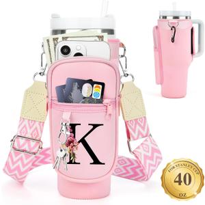 LOKASS Personalized Water Bottle Holder with Strap for Stanley Cup Accessories 40 oz Tumbler, Initial Water Bottle Carrier Bag/Phone Pocket, Mother's Day/Birthday Gifts for Women/Girls