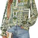 MASCOMODA Womens V Neck Floral Long Sleeve Tops 2025 Summer Casual Loose Puff Sleeve Chiffon Boho Work Blouse Dressy T Shirts (Small, Floral Grass Green)