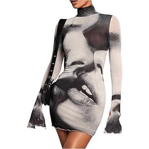 SOLY HUX Women's Graphic Print Bodycon Mini Dress Turtleneck Long Sleeve Pencil Dresses