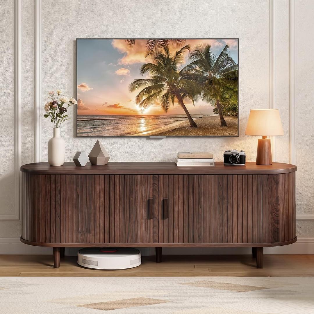 MXV 58" Mid-Century Modern TV Stand with Sliding Doors, TV Consoles with Power Outlet, Fluted Entertainment Center with Adjustable Shelves for Living Room