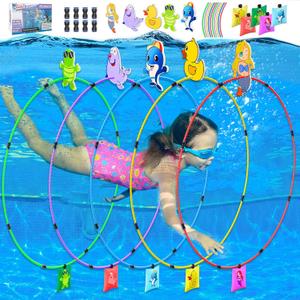 Diving Toys Pack of 15 Pool Toys for Kids Age 4-8 8-12 Water Swim Thru Rings with Buoys and Sandbags Underwater Training Program Swimming Pool Games Water Sports Gifts