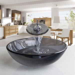 Vessel Sink Tempered Glass Round Bowl and Mixer Waterfall Faucet Drain Combo Set Grey Color, 19x19x9 inches