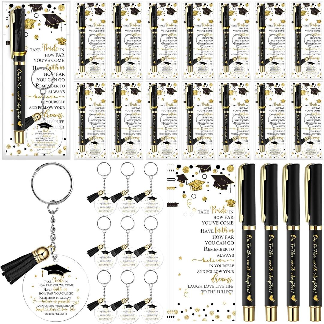 Motiskyy 25 Set Graduation Gifts Party Favor, Class of 2026 Graduation Gifts Bulk Include Ballpoint Pens Positive Cards Acrylic Keychains with Tassel for Middle Senior School Party Supplies (Black)