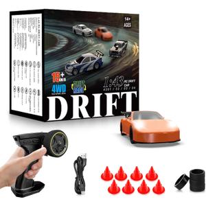 RC Drift car, 1/43 Mini Rc Drift car with Gyroscope, 2.4GHz Full Proportional Remote control Cars, 4WD High Speed Racing with Lights, Racing Tires, Model Cars Gift for Adults, Kids, Boys, Girls (Orange)