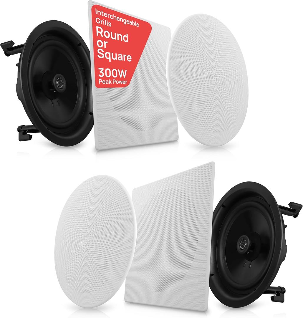 Pyle 10” In-Ceiling In-Wall Speakers (Pair) 2-Way Flush Mount Home Audio System, 300W Stereo Sound, Quick Connect, Changeable Round/Square Grills, Polypropylene Cone, Polymer Tweeter (PDIC16106)