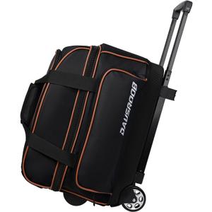 2 Ball Bowling Bag with Wheel,900D Oxford Waterproof PU,Dual Roller Bowling Bag with Sturdy Frame,Large Shoe Compartment Fits Up to Mens 16,Rolling Bowling Tote, Handle Extends to 39.5" (Black)