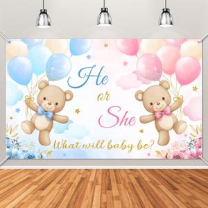 Avezano He or She Gender Reveal Banner Bear Gender Reveal Decorations Banner Pink and Blue Baby Reveal Backdrop for Boy Girls (6x3.6ft)