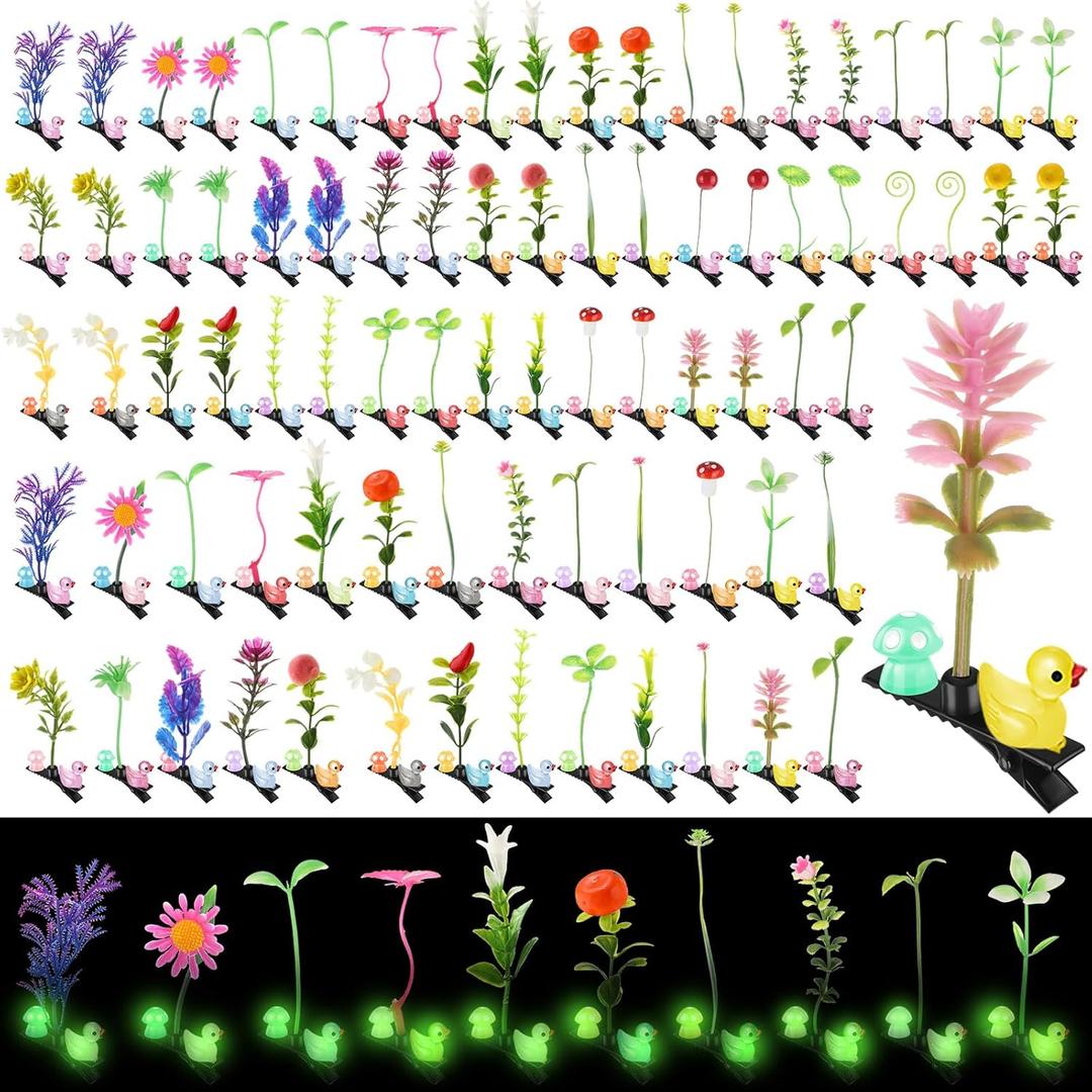 Tigeen 30 Pcs Duck Hair Clip with Bean Sprout Mushroom Glow Rave Trinkets Festival Halloween Sprout Hairpins Funny Hair Accessories Plant Flower Barrettes Headwear for Women (Mixed Plant)