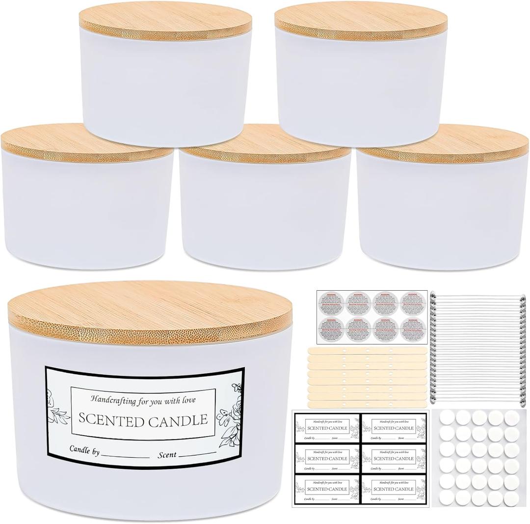 CONNOO 24oz Matte White Glass Candle Jars 6 Pack, Multi-Wick Wide Mouth Empty Bulk Candle Containers for Making Candles with Airtight Bamboo Lids, Sticky Warning Labels, Wick kit- Dishwasher Safe 
