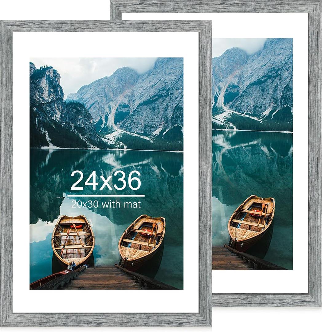 Hongkee 24x36 Poster Frame Set of 2, Rustic Grey Wood Style - Display 24 x 36 Poster without Mat or 20x30 Picture with Mat, Wall Mounting Horizontal and Vertical