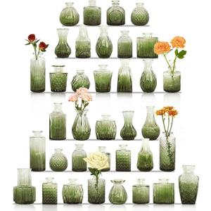 36Pcs Bud Vases Set Small Vintage Glass Bottles Bud Vases in Bulk Multiple Shape Cute Glass Vases for Rustic Wedding Centerpieces Table Decorations and Home Decor(Green)