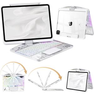 Keyboard Case for iPad Pro 13-inch (M5 2025 / M4 2024), Clear Wireless iPad Pro 13 Inch Case with Keyboard Multi-Touch Trackpad, Battery Level Visualization with 360 Rotatable & Pencil Holder, White