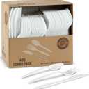 PLASTICPRO 400 Pack Disposable Plastic Utensils Assorted Colored Cutlery Combo Set Forks Spoons Knives Silverware, White Plastic Cutlery for Parties