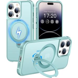 HuwaiH 360 Rotatable Magnetic Ring Stand for iPhone 14 pro Case, Compatible with MagSafe, Military-Grade Shockproof, Anti-Scratch Matte Translucent Phone Case for iPhone 14 pro(Lake Blue)