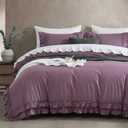 Bedorm King Duvet Cover Set Purple Bedding Set Pleat Ruffled Shabby Chic Comforter Cover Extra Soft & Easy Care Farmhouse Boho Duvet Cover with Zipper Closure