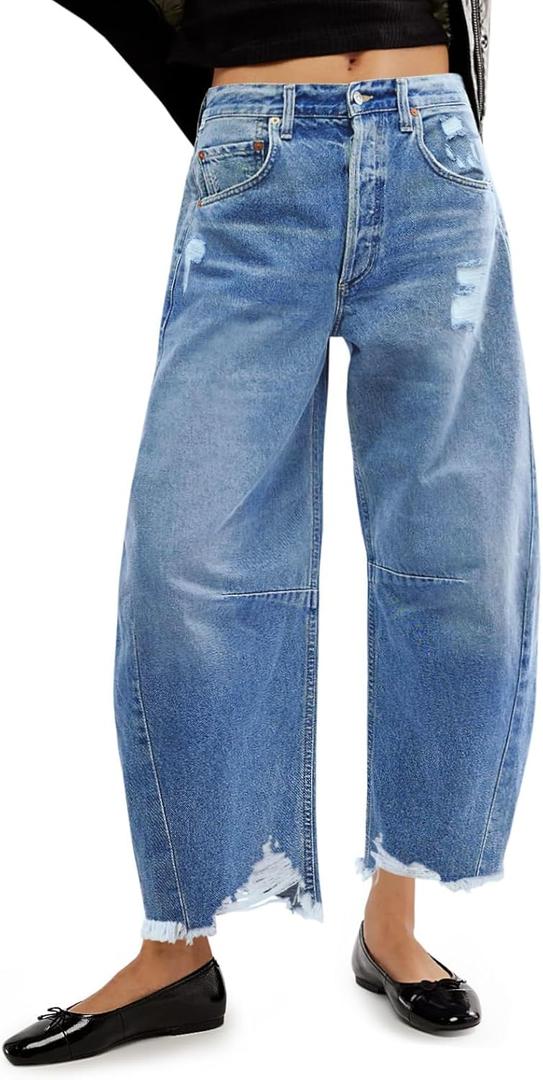 Allimy Womens High Waisted Barrel Horseshoe Baggy Jeans Trendy 2026 with Raw Hem Non Stretch, Blue, Size 10