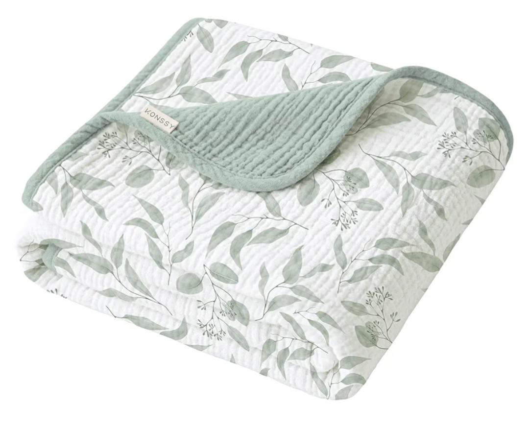 Konssy Muslin Baby Blankets for Girls Boys, 100% Cotton Crib Blanket for Infant Toddler, Super Soft and Lightweight Nursery Swaddling Wrap 40"x36" (Green Leaves)