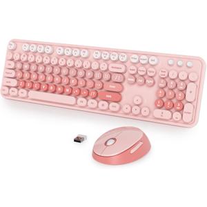 Fogruaden Pink Retro Typewriter Keyboard and Mouse Wireless, 2.4GHz Office Full-Sized Colorful Computer Keyboard with Number Pad and Cute Mouse for Windows PC Desktops Laptop