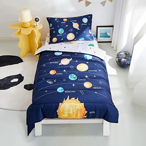 PINNKKU 4-Piece Toddler Bedding Set, Includes 1 Flat Sheet, 1 Fitted Sheet, 1 Comforter and 1 Reversible Pillowcase, Standard Toddler Comforter & Sheet Set, Ultra Soft Toddler Bed Set, Solar System