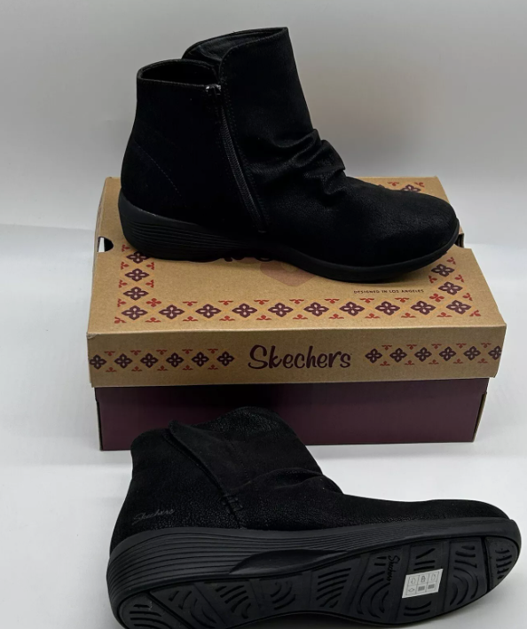 Skechers Women's Vegan Scotchgard Arya-Fresher Trick Ankle Boot in black size 7.5