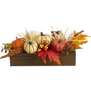 Nearly Natural 16in. Harvest Pumpkin and Berries Artificial Arrangement in Wood Vase, Orange 