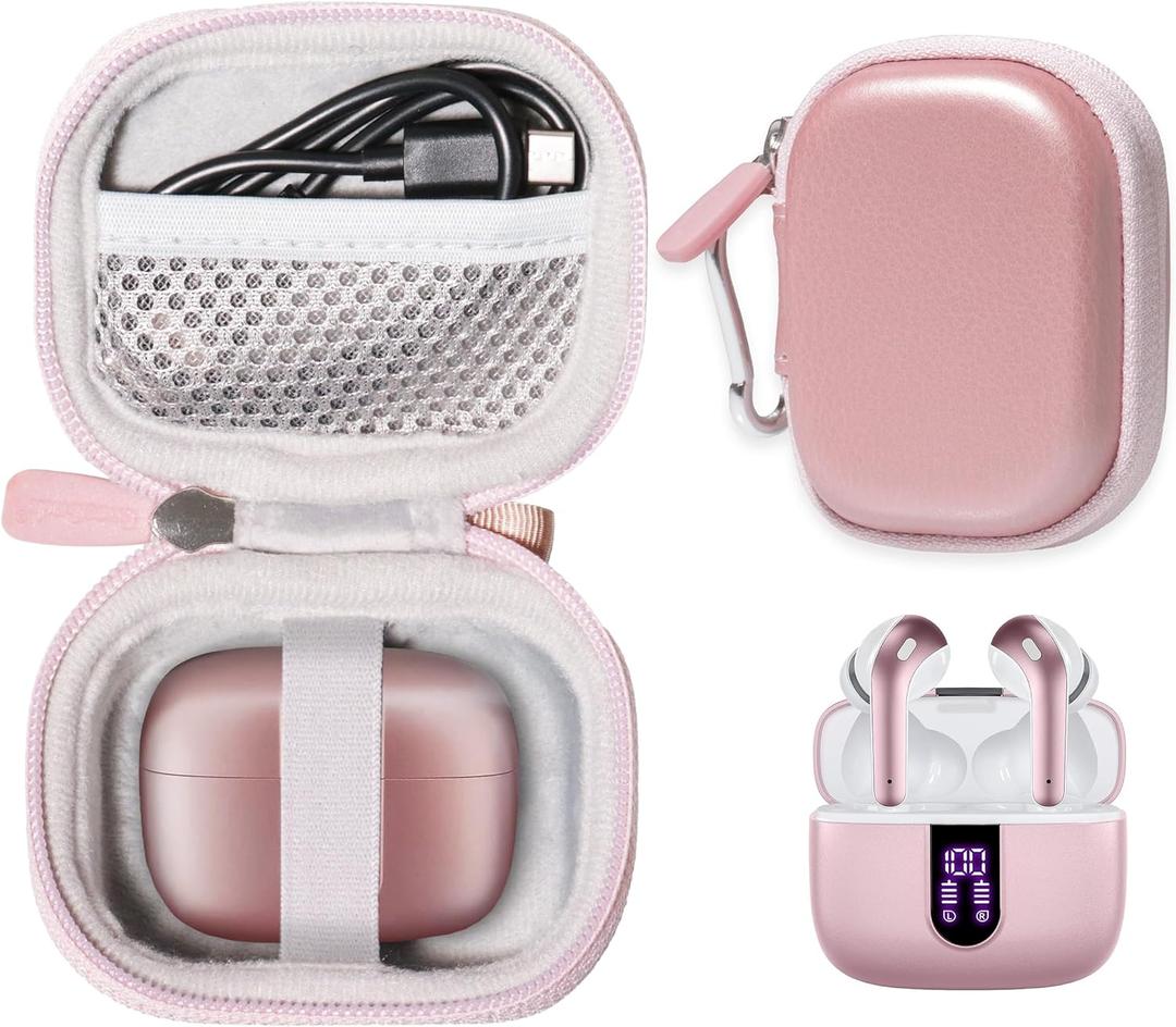 Case for TAGRY X08 Bluetooth Headphones True Wireless Earbuds 60H, mesh Pocket for Charge Cable (Rose Gold)