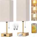 Table Lamp for Bedroom set of 2,3-Color Bedside Lamps with Pull Chain Table Lamps for Nightstand with AC Outlets,Small Night Light Lamps with 2 Bulbs Lamps for Living Room Kids Room Office DecorGold (15inch)