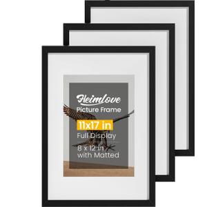 11x17 Picture Frame Set of 3, Display 8x12 Pictures with Mat or 11x17 without Mat, Black 8x12 Photo Frames Tabletop or Wall Mount Display for Poster Diploma Certificate Document Prints Photos Paintings