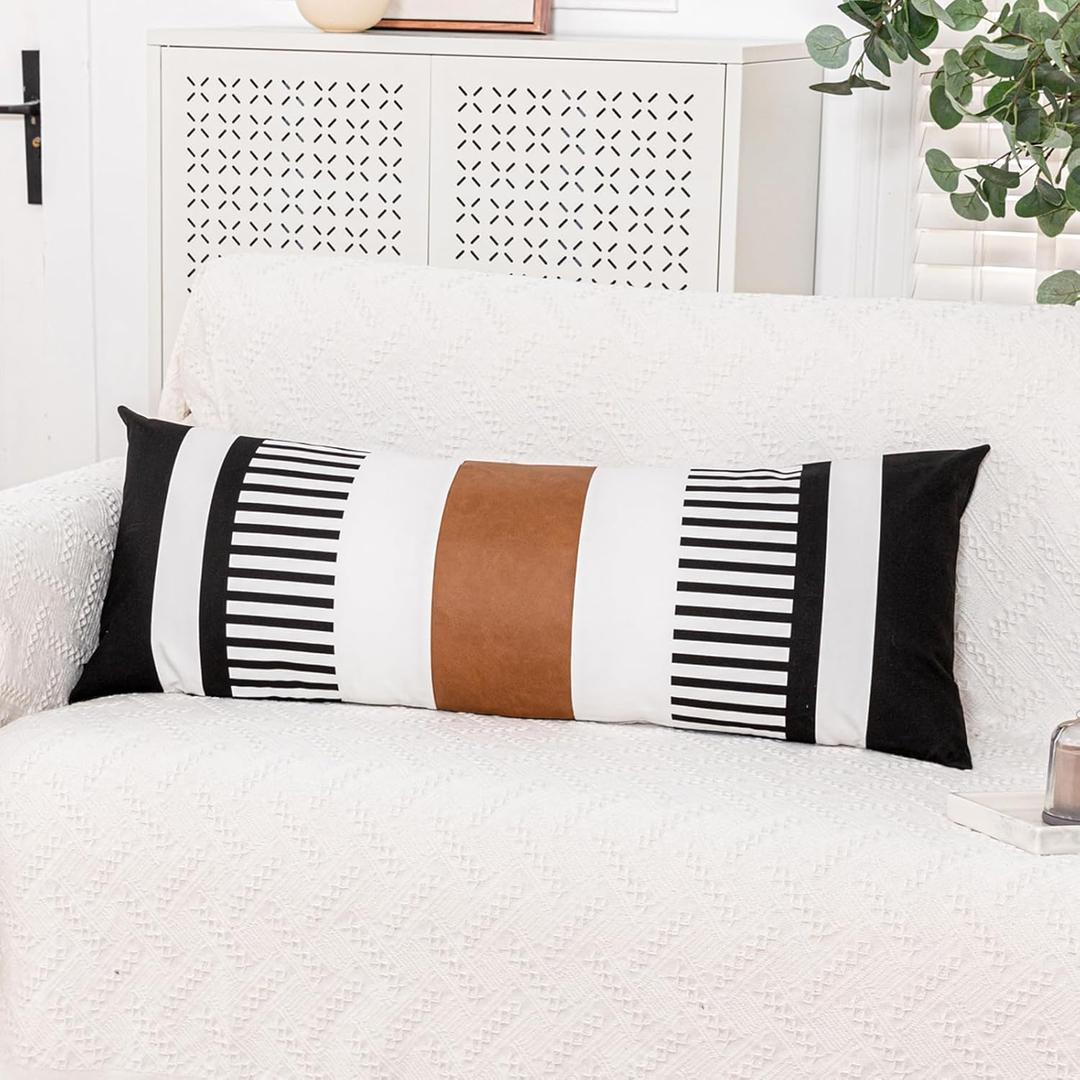 Long Body Lumbar Decorative Pillow Cover 14x36 Rectangle Boho Accent Cushion Case for Bed Couch Bench Faux Leather Pillowcase, Black (Cover ONLY, Pack of 1)