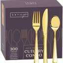SETUP [300 Count] Disposable Silverware, Gold Combo Cutlery - 100 Forks, 100 Spoons, 100 Knives - Heavy Duty, and Durable Gold Plastic Silverware Set Great for Parties, Events and Everyday use