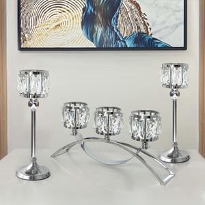 3 Arms Crystal Bowl Tealight Candelabra Votive Candle Stand, Wedding centerpieces for Tables Crystal CandlestickCenterpiece Table Decorations (Set of Silver)