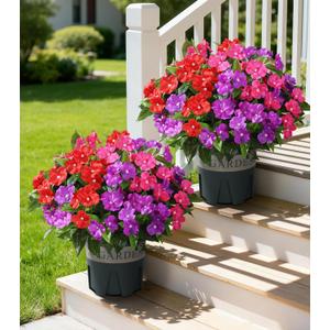 Artificial Flowers for Outdoors, 2 Set Fake Potted Flowers 12 Bundles UV Resistant Realistic Silk Faux Impatiens with Pot for Outside Balcony Garden Window Box