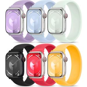 6 Pack Silicone Solo Loop Bands Compatible with Watch Band 40mm 38mm 41mm 44mm 45mm 46mm 42mm 49mm, Soft Stretchy Strap Sport Replacement Wristband for iWatch Series 10 9 8 7 6 SE 5 Ultra 4 3 2 1 (Red / Light Blue / Mint / Sunny / Lavender / Black)