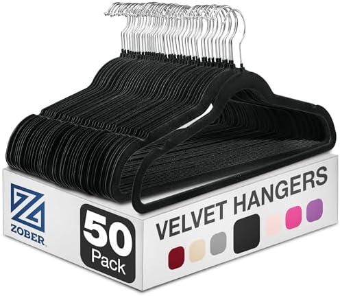Zober Velvet Hangers 20 Pack - Black for Coats, Pants & Dress Clothes - Non Slip w/ 360 Degree Swivel, Holds up to 10 lbs - Strong Felt Hangers for Clothing