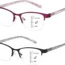 Missfive 2 Pack Women Progressive Multifocus Reading Glasses, No Line Blue Light Blocking Spring Hinge Readers Lightweight Multifocal Computer Cateye Eyeglasses(Workspace For Near Range 2.5x) (Multifocus, Top Lens Not 0x / 1 Black+1 Magenta)