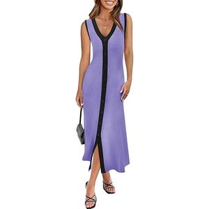 Saodimallsu Womens Summer Button Down Sweater Dresses Sleeveless V Neck Casual Ribbed Knit Color Block Long Tank Dress Light Purple, XL