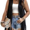 Verdusa Women's Plus Size Fringe Vest Faux Suede Rivets Sleeveless Tassel Jacket Western Cowgirl Outfits (XL, Black)