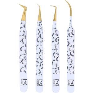 M LASH Tweezers for Eyelash Extensions (Set of 4) - Professional Lash Extension Tweezers - Fiber Tip, Japanese Steel, Diamond Grip Eyelash Extension Tweezer set (WL)