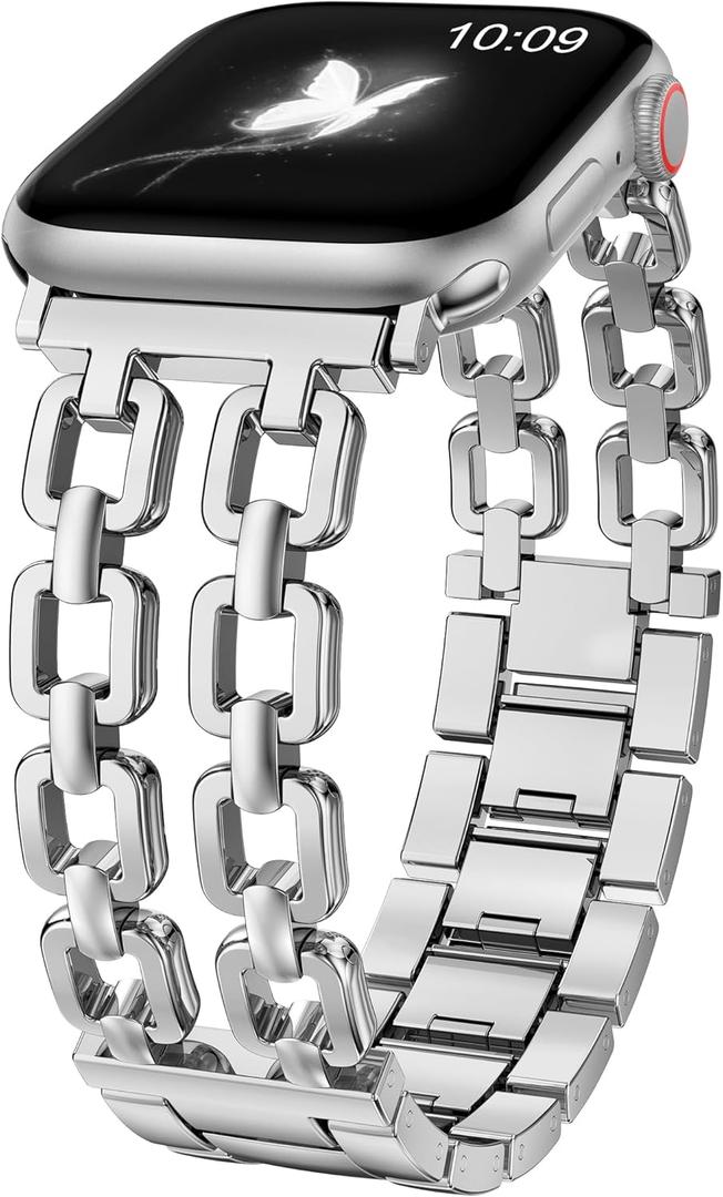 Wearlizer Compatible with Apple Watch Bands Women, Dressy Fancy Metal Chain Pretty Strap Designer Gold Silver Link Bracelet for iWatch Ultra SE Series Silver, 49/46/45/44/42mm(Series 3)