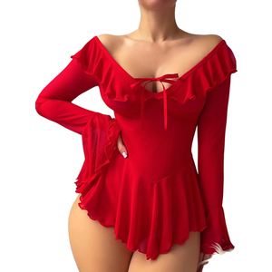OYOANGLE Women's 2 Piece Off Shoulder Long Sleeve Sheer Nightgowns with Thongs Babydoll Lingerie Set L